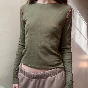 NWT Madewell Green with Red Trim Long Sleeve Tee Women’s Size XXS